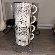 Mainstays Stacking Coffee/Tea Cup Set w Holder Merry, Holly, Jolly & Love 9” picture