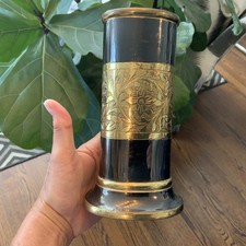 Vintage Nakshi Brass Oval Flower Vase Gold Black Etched Floral 7” picture