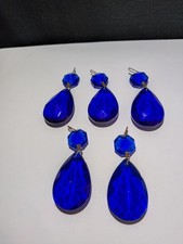LOT OF 5 VINTAGE COBALT BLUE GLASS CRYSTAL TEARDROP CHANDELIER PRISM PART 1.5