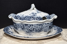 Antique Booths Blue & White Royal Semi Porcelain Canterbury Covered Gravy Boat picture