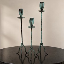 Vintage Brutalist Metal Candlesticks Set 3 Verdigris Patina Tripod Tall Gothic picture
