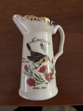 Vintage MONTANA STATE Bird Flower Pitcher Souvenir Porc Gold Drip Edge Made USA picture