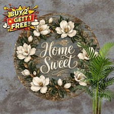 Farmhouse Sweet Magnolia Wreath Magnetic Round Metal Sign Decor 8x8 picture