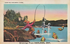 HARLOWE ONTARIO CANADA~EVEN THE FISH ENJOY IT HERE-1957 FISHING COMIC POSTCARD picture