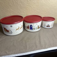 NEW Tupperware Holiday Christmas Tree Reindeer Sleigh Canisters Set of 3 picture