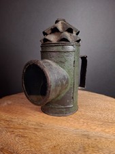 RARE Antique 19th C Tin Bullseye Candle Lantern Crimped Green Paint Belt Lamp 7