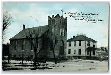 1912 Catholic Church & Parsonage Building Cross Tower Farmington Iowa Postcard picture