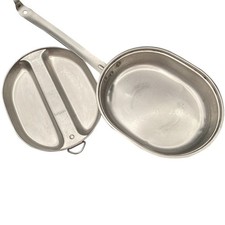 NEW VINTAGE 2 PIECE STAINLESS STEEL USGI FIELD MESS KIT 1982 CAMPING COOKWARE picture