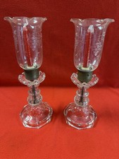 Vintage Pair Hurricane candle Lamps Etched Glass Cut Crystal picture