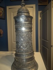 Vintage German Pewter Tankard Stein 1970s Lid Engraved Antique Drinking Mug Bar picture