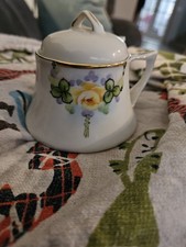 Antique Nippon Hand Painted Mustard Pot Lid & Spoon Green Crown Mark Floral Gold picture