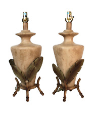 Pair Of Vintage Metal Palm Leaf Bamboo Natural Stone Style Ceramic Table Lamps picture