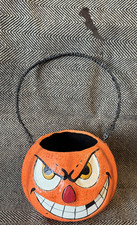 VINTAGE DEPT 56 HALLOWEEN PUMPKIN JACK O LANTERN BUCKET W/HANDLE & BAT picture