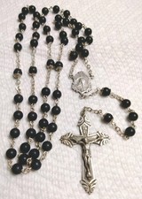 Antique Sterling Silver & Ebony Bead Rosary Sacred Heart Of Jesus Center picture