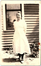 Vintage RPPC Young Woman White Dress Porch Real Photo Postcard picture