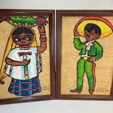 Vintage Mexican Folk Art Painting Burlap Lg Framed 24x16 Jute Bright Colors 1970 picture