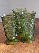 Vintage 3 Green Indiana Glass Whitehall Cubist Footed Glasses 6 inches picture