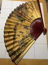 Vintage Asian Folding Fan 20” Gold Landscape Children Wall Decor picture