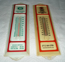 2 VTG. LOCAL THEMOMETERS LANCASTER HARLEY DAVIDSON/BUELL & FARM CREDIT READ #S picture