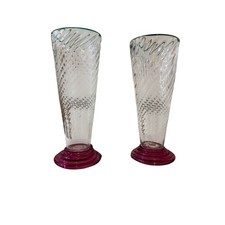 Artisan Hand Blown Optic Swirl Glass Pilsner Set Green Rim Magenta Pink Base 2pc picture