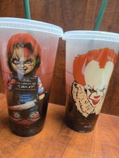 2 16oz Starbucks Horror Film Themed Cold Cups (IT) & (Chucky) Halloween Cups picture