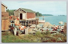 Vintage Dexter Press Postcard: Maine Fisherman Working, Boathouse, Lobster Boats picture