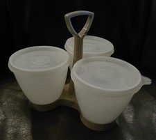 Vintage Tupperware Serve N Store Condiment Caddy Set 757 Almond Tan 3 Cups Lids picture