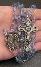 Vintage Our Lady of Lourdes Rosary Blue Glass Beads Crucifix Silver Tone 28” picture