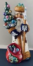 Carved Wooden Santa Russian Ded Moroz with Staff, Tree, Bag Of Toys OOAK MINT picture