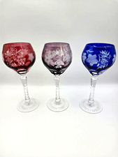 Bohemian Cut to Clear Crystal Wine Goblets Ajka Marsala Grape Blue Red Purple picture