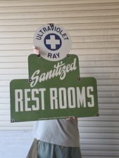 VINTAGE HUGE SANITIZED RESTROOM PORCELAIN SIGN GAS STATION MEN WOMEN 30