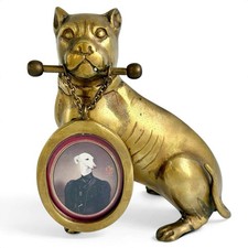 Vintage Christopher Lane Brass Pit Bull Dog Figurine & Hanging Oval Photo Frame picture