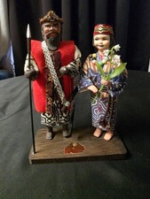 Vintage Japanese Ainu Doll Couple Hokkaido Souvenir Wood Base Folk Art Mingei picture