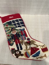 VTG Lands' End Nutcracker/Toys Needlepoint Christmas Stocking Wool/Cotton 17.5in picture