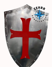 ZEHRA Medieval steel knight shield with red cross | crusader templar shield home picture
