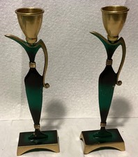 Vintage Israeli Candlestick Holders Pair Green Black Gold Metal MCM Judaica picture