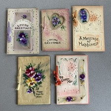 5 Antique WW1 Era Embossed Hand Painted Greetings Cards Brooch Ribbon c1914-20s picture