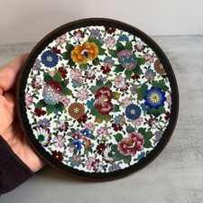 Vintage Chinese Cloisonne Enamel Floral Plate White Brass Rim Thousand Flowers picture