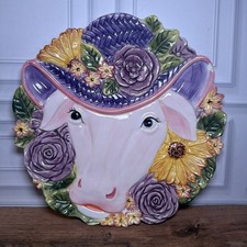 Vintage 3D Ceramic Cow Platter Easter Bonnet Purple Hat Sunflowers 11.5” picture