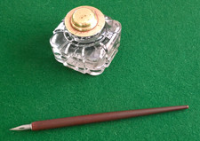 Antique Crystal Inkwell With Hinged Lid c1920 w/ Dip Pen Caligraphy picture