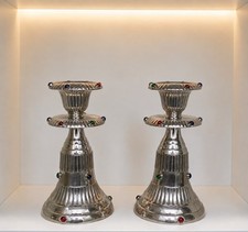 Vintage Art Deco Medieval Pillar Candle Candlesticks Holders Silver Metal, Glass picture