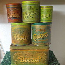 Vintage 1970s Ballonoff Green Metal Kitchen Canister Set & Bread Box - Complete picture