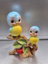 Vtg Anthropomorphic Bluebirds Ceramic Figurine Two Birds on Cherry Branch Japan picture
