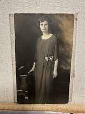 Vintage 1920s Studio Portrait Photo Woman Drop Waist Flapper Dress 3x5 Sepia⁠ picture