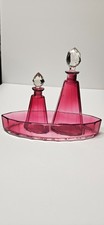Vintage Moser? Cranberry Crystal Panel Cut 3pc Vanity Dresser Set Art Deco Boho picture