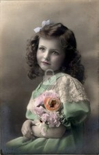 c1910's Pretty Child Girl w/ Flowers Curly Hair Studio RPPC Photo Postcard COPY picture