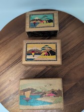 Vintage Japanese Secret Puzzle Box Set of 3 Yosegi Mt Fuji Inlay Himitsu Bako picture