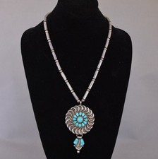Unique Vintage Navajo Silver Turquoise Pendant Necklace - Cylinder Beads - 21
