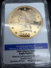 Historical 24K Gold Plated, Reproduct Archival 1866 Liberty Head Eagle, Proof 03 picture