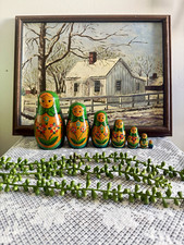 Vintage Matryoshka Nesting Dolls Set 7 pcs Green Orange Floral Made in USSR picture